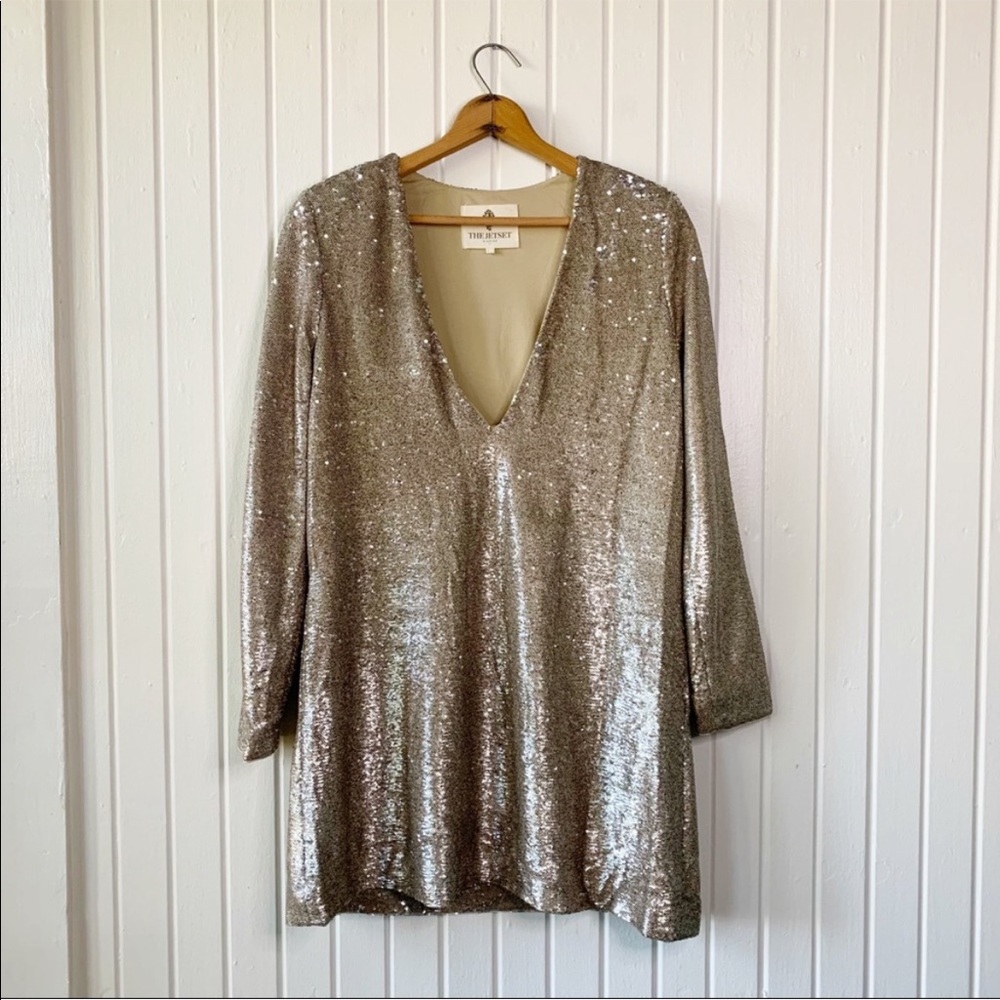 THE JETSET DIARIES Oasis V-Neck Long Sleeve Gold Sequin Dress size Small